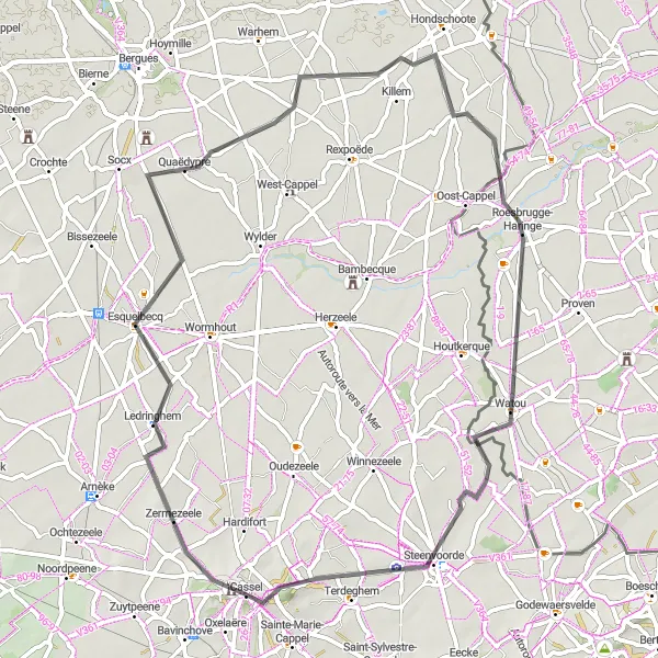 Miniature de la carte de l'inspiration cycliste "Les Collines de Flandre" dans la Nord-Pas de Calais, France. Générée par le planificateur d'itinéraire cycliste Tarmacs.app