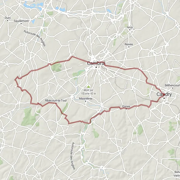 Map miniature of "Caudry and Beyond" cycling inspiration in Nord-Pas de Calais, France. Generated by Tarmacs.app cycling route planner