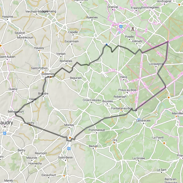 Map miniature of "Louvignies-Quesnoy Loop" cycling inspiration in Nord-Pas de Calais, France. Generated by Tarmacs.app cycling route planner