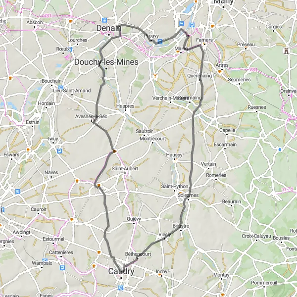 Map miniature of "The Bévillers Loop" cycling inspiration in Nord-Pas de Calais, France. Generated by Tarmacs.app cycling route planner