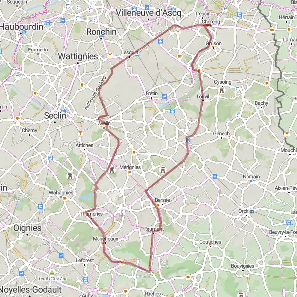 Miniature de la carte de l'inspiration cycliste "La Boucle de Bouvines" dans la Nord-Pas de Calais, France. Générée par le planificateur d'itinéraire cycliste Tarmacs.app