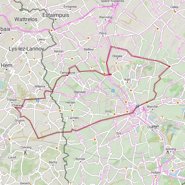 Miniature de la carte de l'inspiration cycliste "Le Circuit des Collines Tournaisiennes" dans la Nord-Pas de Calais, France. Générée par le planificateur d'itinéraire cycliste Tarmacs.app