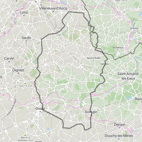 Miniature de la carte de l'inspiration cycliste "Circuit de Wannehain à Anstaing" dans la Nord-Pas de Calais, France. Générée par le planificateur d'itinéraire cycliste Tarmacs.app