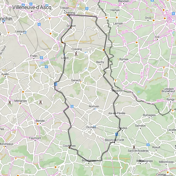 Miniature de la carte de l'inspiration cycliste "Boucle vers Chéreng via Templeuve-en-Pévèle" dans la Nord-Pas de Calais, France. Générée par le planificateur d'itinéraire cycliste Tarmacs.app