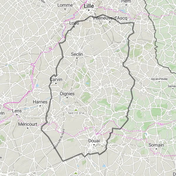 Miniature de la carte de l'inspiration cycliste "Circuit road vers Loos et Villeneuve-d'Ascq" dans la Nord-Pas de Calais, France. Générée par le planificateur d'itinéraire cycliste Tarmacs.app