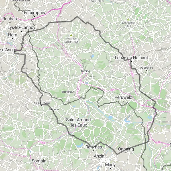 Map miniature of "Chéreng to Aix-en-Pévèle Loop" cycling inspiration in Nord-Pas de Calais, France. Generated by Tarmacs.app cycling route planner