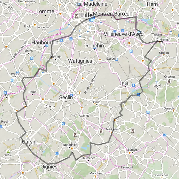 Map miniature of "Bouvines and Mons-en-Barœul Loop" cycling inspiration in Nord-Pas de Calais, France. Generated by Tarmacs.app cycling route planner