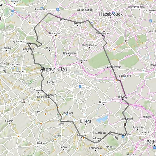 Miniature de la carte de l'inspiration cycliste "Bucolique Flandres" dans la Nord-Pas de Calais, France. Générée par le planificateur d'itinéraire cycliste Tarmacs.app
