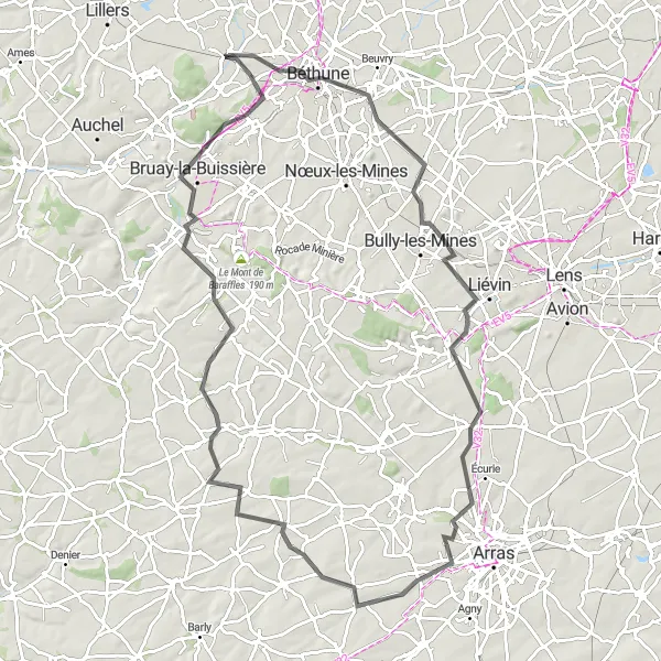 Miniature de la carte de l'inspiration cycliste "Annezin - Bruay-la-Buissière Circuit" dans la Nord-Pas de Calais, France. Générée par le planificateur d'itinéraire cycliste Tarmacs.app