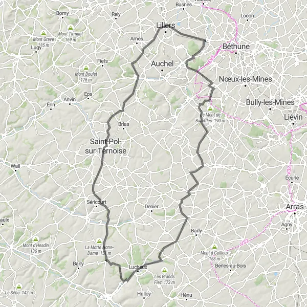 Miniature de la carte de l'inspiration cycliste "Les Collines et Vallées du Ternois" dans la Nord-Pas de Calais, France. Générée par le planificateur d'itinéraire cycliste Tarmacs.app