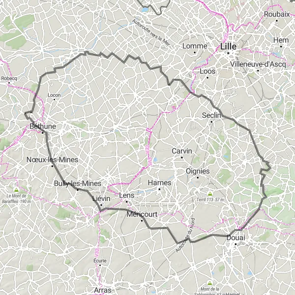 Map miniature of "Lestrem Loop via Béthune" cycling inspiration in Nord-Pas de Calais, France. Generated by Tarmacs.app cycling route planner
