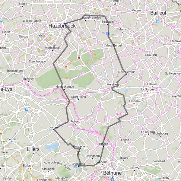 Miniature de la carte de l'inspiration cycliste "Chemin de Chocques à Hinges" dans la Nord-Pas de Calais, France. Générée par le planificateur d'itinéraire cycliste Tarmacs.app