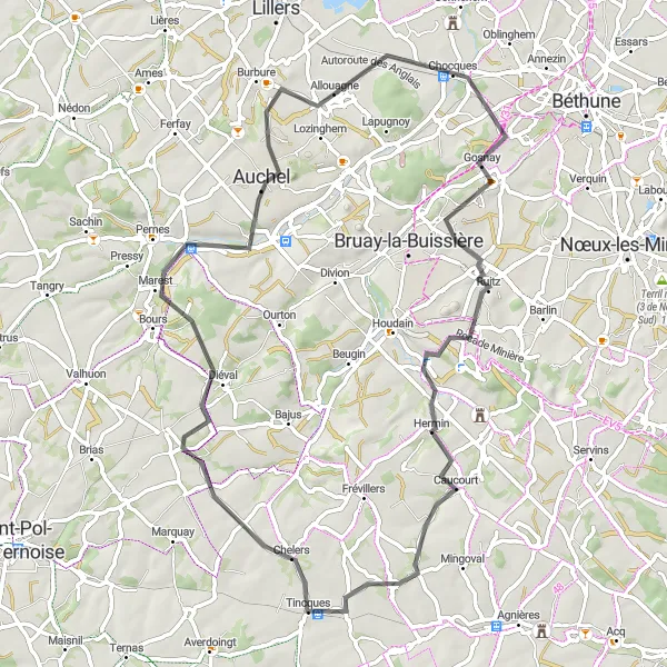 Miniature de la carte de l'inspiration cycliste "Les Chemins Cachés du Ternois" dans la Nord-Pas de Calais, France. Générée par le planificateur d'itinéraire cycliste Tarmacs.app