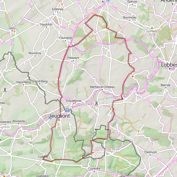 Miniature de la carte de l'inspiration cycliste "Les Sentiers de Gravel du Hainaut" dans la Nord-Pas de Calais, France. Générée par le planificateur d'itinéraire cycliste Tarmacs.app