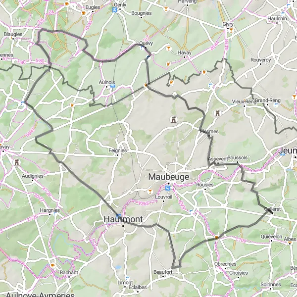 Miniature de la carte de l'inspiration cycliste "Parcours vers Recquignies" dans la Nord-Pas de Calais, France. Générée par le planificateur d'itinéraire cycliste Tarmacs.app