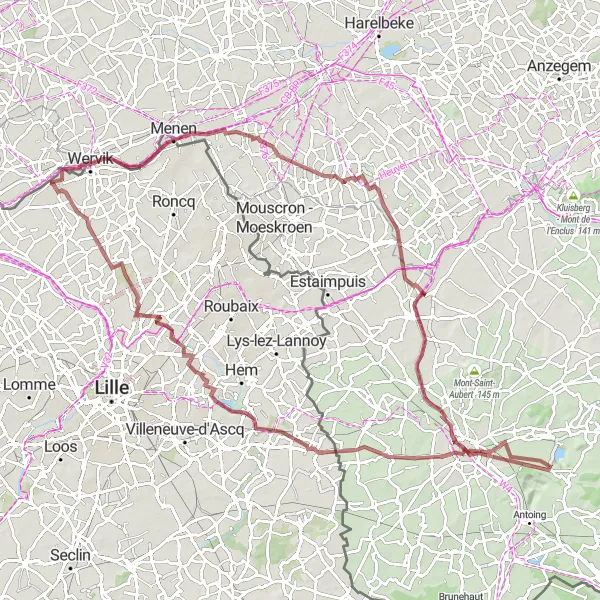 Miniature de la carte de l'inspiration cycliste "La Boucle de l'Escaut et de la Lys" dans la Nord-Pas de Calais, France. Générée par le planificateur d'itinéraire cycliste Tarmacs.app