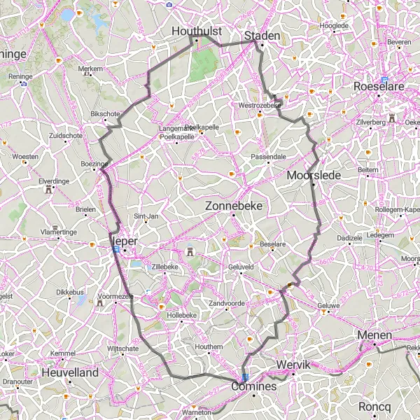 Map miniature of "Ypres and Houthulst" cycling inspiration in Nord-Pas de Calais, France. Generated by Tarmacs.app cycling route planner