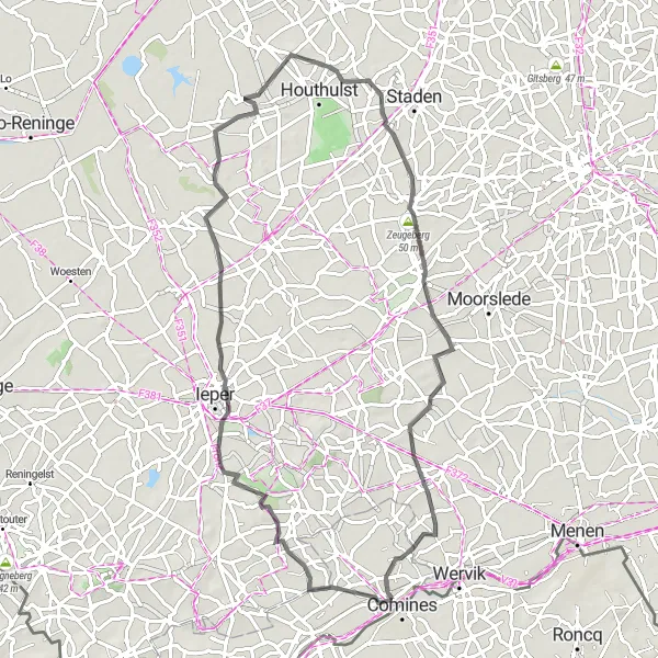 Map miniature of "The Ypres Expedition" cycling inspiration in Nord-Pas de Calais, France. Generated by Tarmacs.app cycling route planner