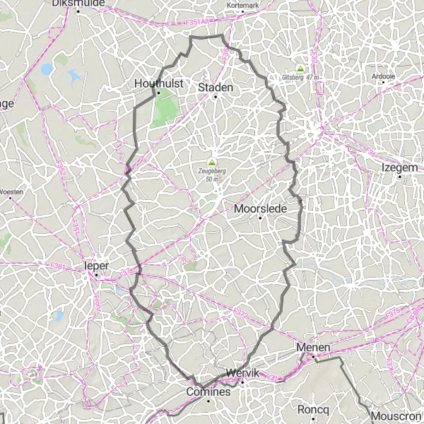 Miniature de la carte de l'inspiration cycliste "Parcours cycliste sur route à proximité de Comines" dans la Nord-Pas de Calais, France. Générée par le planificateur d'itinéraire cycliste Tarmacs.app