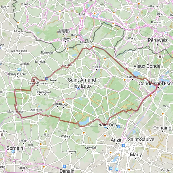Miniature de la carte de l'inspiration cycliste "Les berges de l'Escaut" dans la Nord-Pas de Calais, France. Générée par le planificateur d'itinéraire cycliste Tarmacs.app