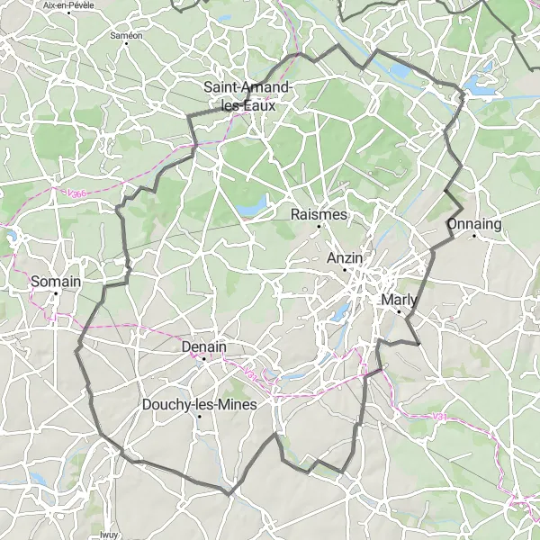 Miniature de la carte de l'inspiration cycliste "Les Châteaux du Nord" dans la Nord-Pas de Calais, France. Générée par le planificateur d'itinéraire cycliste Tarmacs.app
