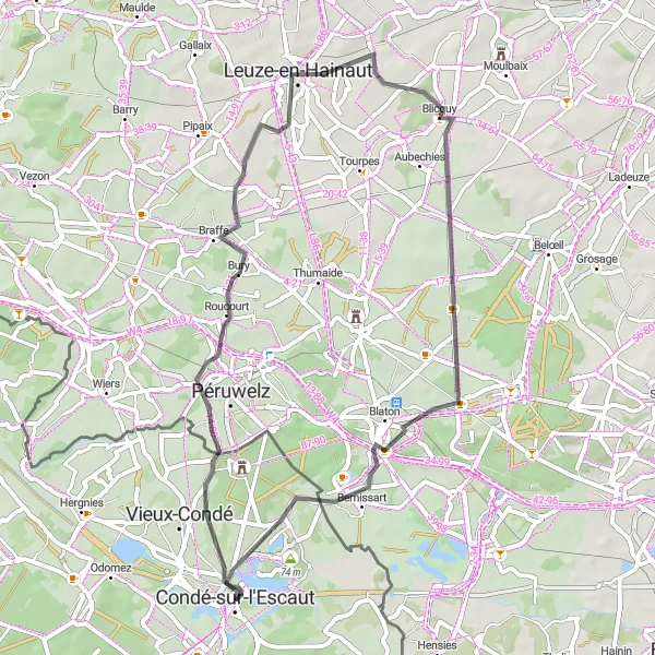 Miniature de la carte de l'inspiration cycliste "Exploration des Vallons Rustiques" dans la Nord-Pas de Calais, France. Générée par le planificateur d'itinéraire cycliste Tarmacs.app