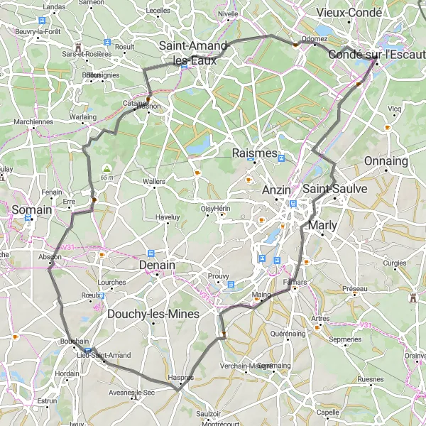 Miniature de la carte de l'inspiration cycliste "La boucle de Valenciennes" dans la Nord-Pas de Calais, France. Générée par le planificateur d'itinéraire cycliste Tarmacs.app