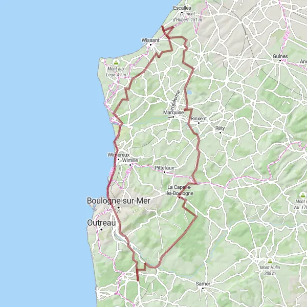 Miniature de la carte de l'inspiration cycliste "Les Chemins de l'Arrière-Pays" dans la Nord-Pas de Calais, France. Générée par le planificateur d'itinéraire cycliste Tarmacs.app