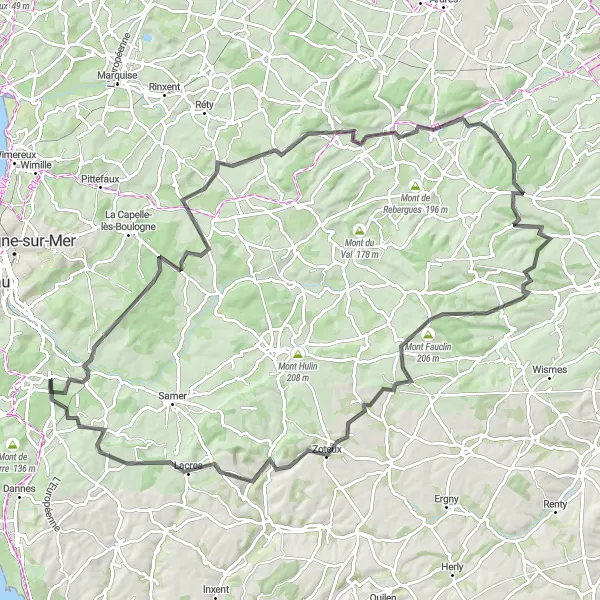 Map miniature of "Road Cycling Adventure near Condette" cycling inspiration in Nord-Pas de Calais, France. Generated by Tarmacs.app cycling route planner