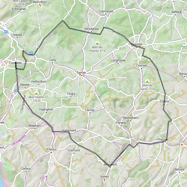 Map miniature of "Scenic Road Cycling Loop from Condette" cycling inspiration in Nord-Pas de Calais, France. Generated by Tarmacs.app cycling route planner