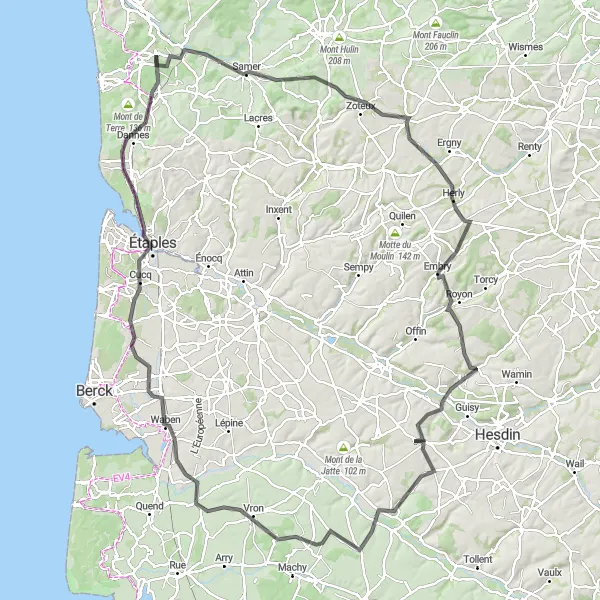 Miniature de la carte de l'inspiration cycliste "Boucle autour du Mont du Prêtre" dans la Nord-Pas de Calais, France. Générée par le planificateur d'itinéraire cycliste Tarmacs.app