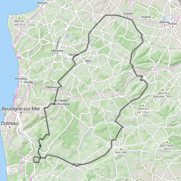 Map miniature of "Nord-Pas de Calais Road Cycling Tour" cycling inspiration in Nord-Pas de Calais, France. Generated by Tarmacs.app cycling route planner