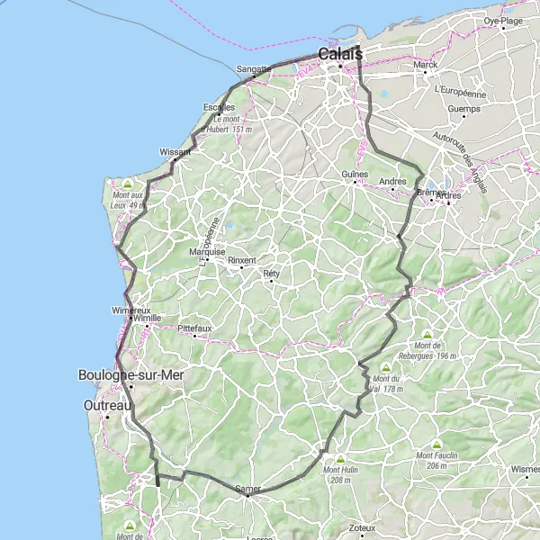 Miniature de la carte de l'inspiration cycliste "Les Hauts de la Côte d'Opale" dans la Nord-Pas de Calais, France. Générée par le planificateur d'itinéraire cycliste Tarmacs.app