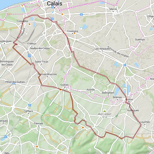 Miniature de la carte de l'inspiration cycliste "Gravel Adventure around Coquelles" dans la Nord-Pas de Calais, France. Générée par le planificateur d'itinéraire cycliste Tarmacs.app