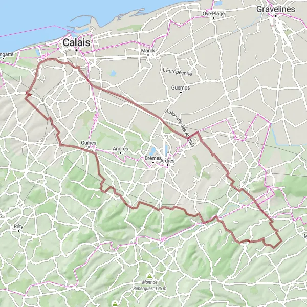 Miniature de la carte de l'inspiration cycliste "Coquelles Gravel Loop" dans la Nord-Pas de Calais, France. Générée par le planificateur d'itinéraire cycliste Tarmacs.app