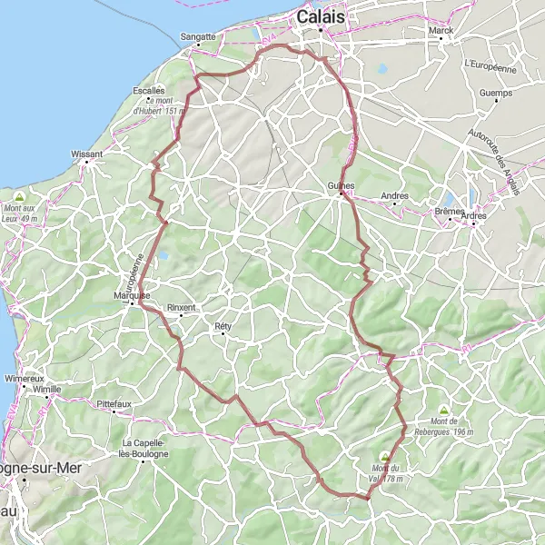 Map miniature of "Hills of Coquelles Gravel Loop" cycling inspiration in Nord-Pas de Calais, France. Generated by Tarmacs.app cycling route planner