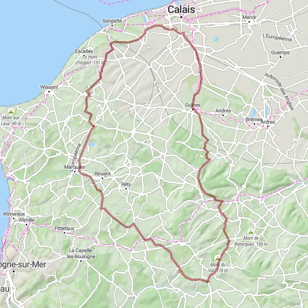 Miniature de la carte de l'inspiration cycliste "Parcours vallonné du Nord français" dans la Nord-Pas de Calais, France. Générée par le planificateur d'itinéraire cycliste Tarmacs.app