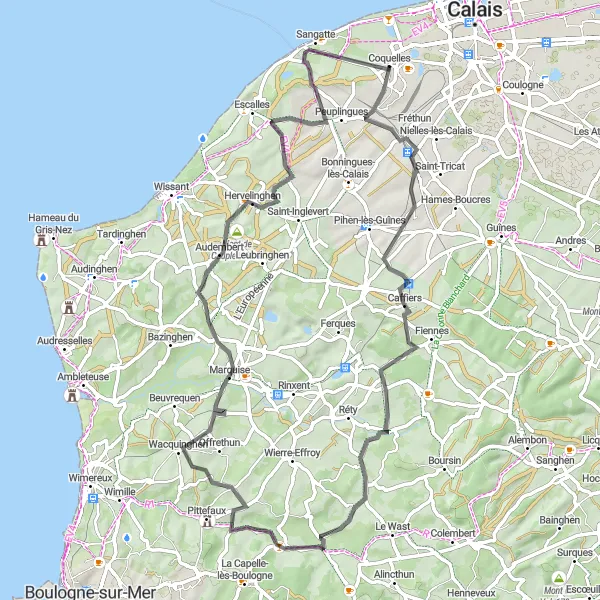 Miniature de la carte de l'inspiration cycliste "Hauts-de-France Road Circuit" dans la Nord-Pas de Calais, France. Générée par le planificateur d'itinéraire cycliste Tarmacs.app