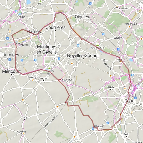 Miniature de la carte de l'inspiration cycliste "Exploration des Terrils" dans la Nord-Pas de Calais, France. Générée par le planificateur d'itinéraire cycliste Tarmacs.app