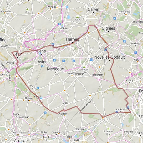 Miniature de la carte de l'inspiration cycliste "Aventure Gravel en Artois" dans la Nord-Pas de Calais, France. Générée par le planificateur d'itinéraire cycliste Tarmacs.app