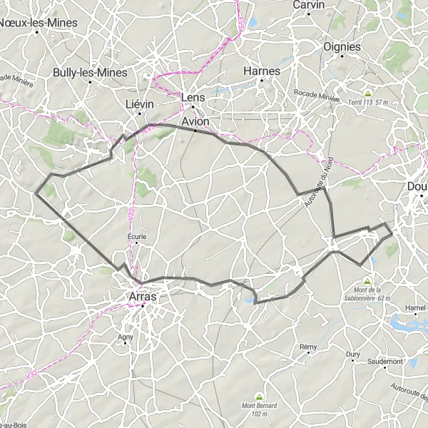 Miniature de la carte de l'inspiration cycliste "Circuit de 74km à travers la campagne" dans la Nord-Pas de Calais, France. Générée par le planificateur d'itinéraire cycliste Tarmacs.app