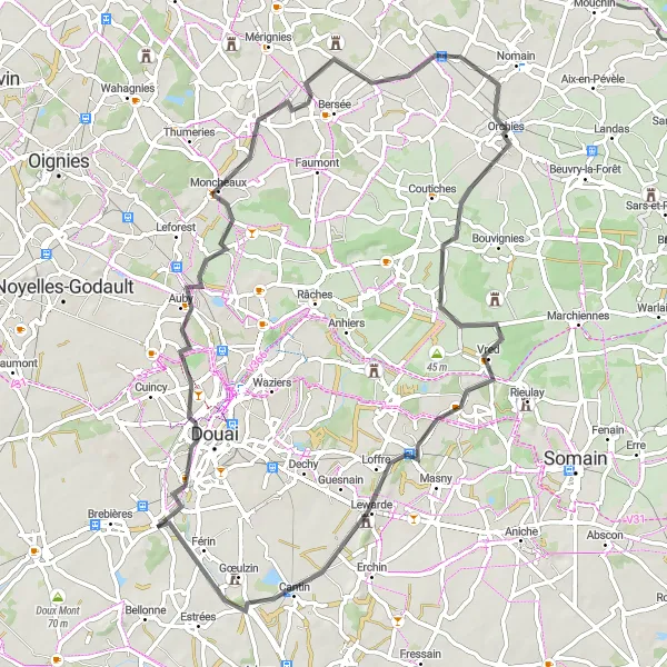 Miniature de la carte de l'inspiration cycliste "Route de 70km autour de Corbehem" dans la Nord-Pas de Calais, France. Générée par le planificateur d'itinéraire cycliste Tarmacs.app
