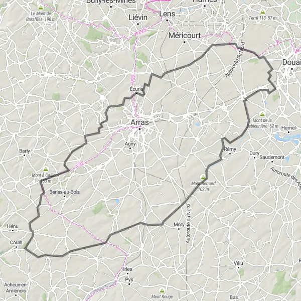 Miniature de la carte de l'inspiration cycliste "Parcours de 118km avec de nombreux points forts" dans la Nord-Pas de Calais, France. Générée par le planificateur d'itinéraire cycliste Tarmacs.app