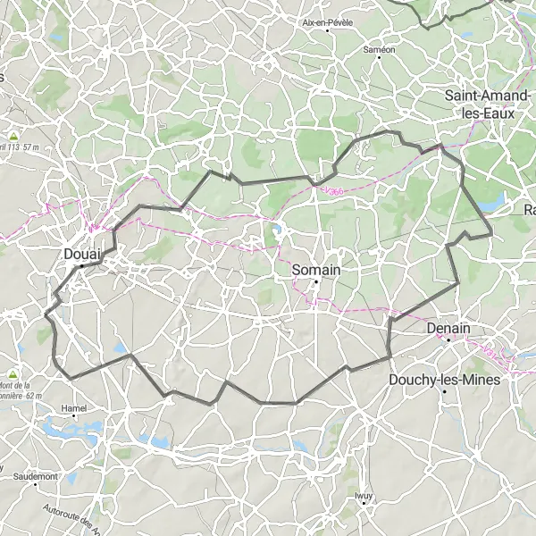 Miniature de la carte de l'inspiration cycliste "Balade de 83km à travers la campagne et les villages typiques" dans la Nord-Pas de Calais, France. Générée par le planificateur d'itinéraire cycliste Tarmacs.app