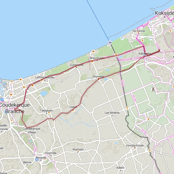 Map miniature of "Coastal Gravel Trail from Branche to the Belgian Border via Dunes Marchand" cycling inspiration in Nord-Pas de Calais, France. Generated by Tarmacs.app cycling route planner