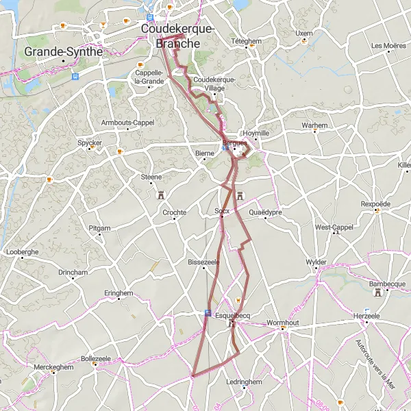 Map miniature of "Rural Gravel Adventure from Branche to Bergues via Socx and Esquelbecq" cycling inspiration in Nord-Pas de Calais, France. Generated by Tarmacs.app cycling route planner