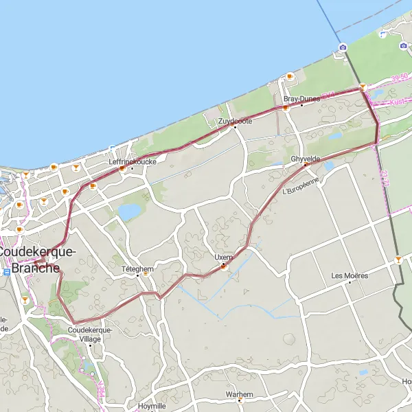 Map miniature of "Coastal Gravel Adventure from Branche to and around Coudekerque-Village" cycling inspiration in Nord-Pas de Calais, France. Generated by Tarmacs.app cycling route planner