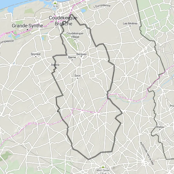 Map miniature of "Branche to Zegerscappel via Warhem and Oudezeele" cycling inspiration in Nord-Pas de Calais, France. Generated by Tarmacs.app cycling route planner
