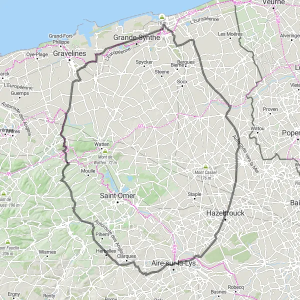 Miniature de la carte de l'inspiration cycliste "Le Tour de l'Artois" dans la Nord-Pas de Calais, France. Générée par le planificateur d'itinéraire cycliste Tarmacs.app
