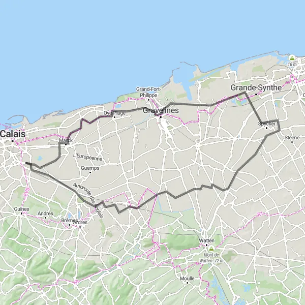 Miniature de la carte de l'inspiration cycliste "Les Dunes de la Côté d'Opale" dans la Nord-Pas de Calais, France. Générée par le planificateur d'itinéraire cycliste Tarmacs.app